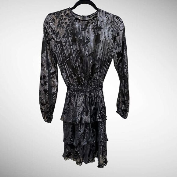 Zara Metallic Stripe Satin Prints Mini Ruffled Tiered Dress Size XS - Picture 1 of 6